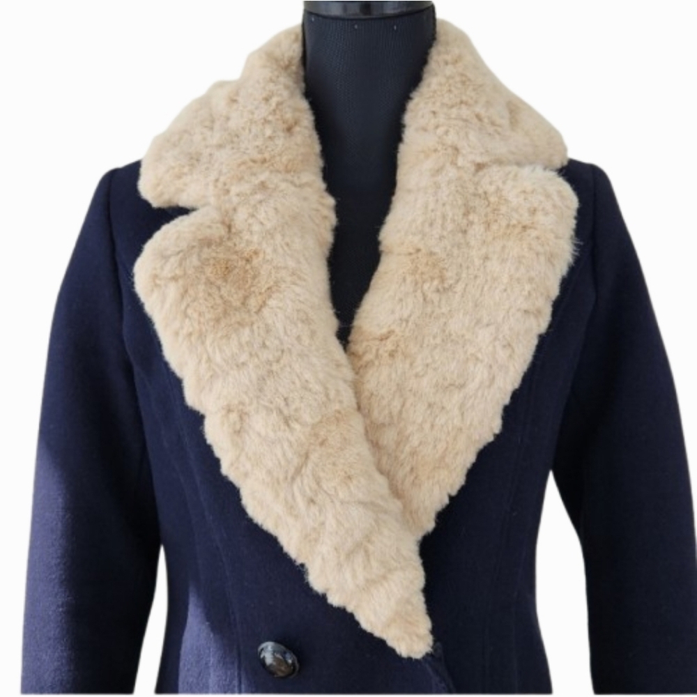ZARA Trafaluc Outerwear Navy Wool Double-breasted Coat Faux Fur Collar (S) - Picture 2 of 16